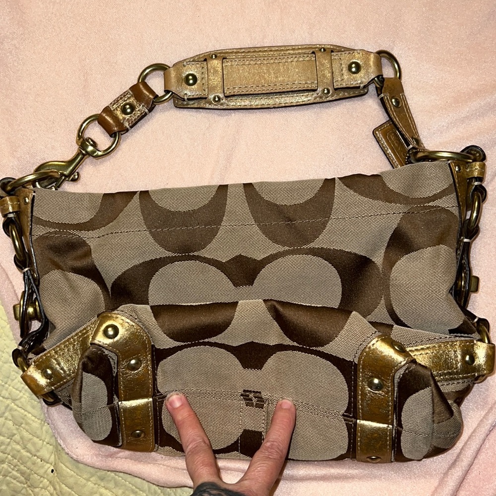 COACH CARLY SIGNATURE Canvas gold metallic Leather Trim Handbag HoboB0993-f10619